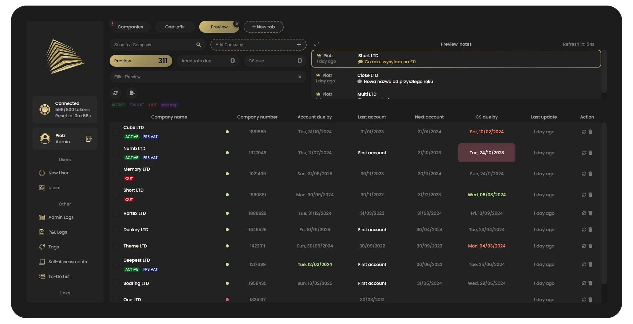 Accounting dashboard — company list with deadline statuses, a blackpixel project