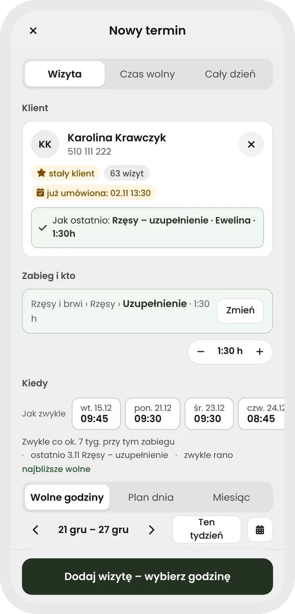 Plansy — a new appointment with suggestions based on the client’s visit rhythm
