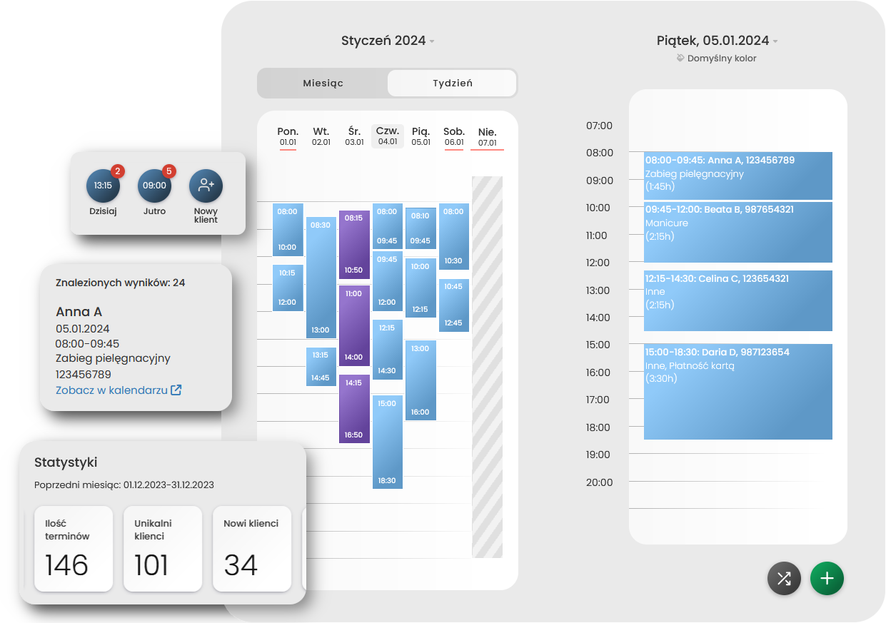 Plansy — calendar with appointments and stats