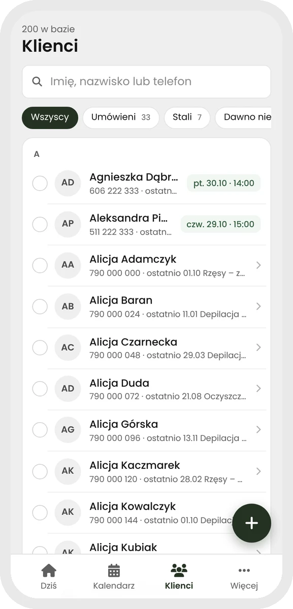 Plansy — client list with the last and next visit