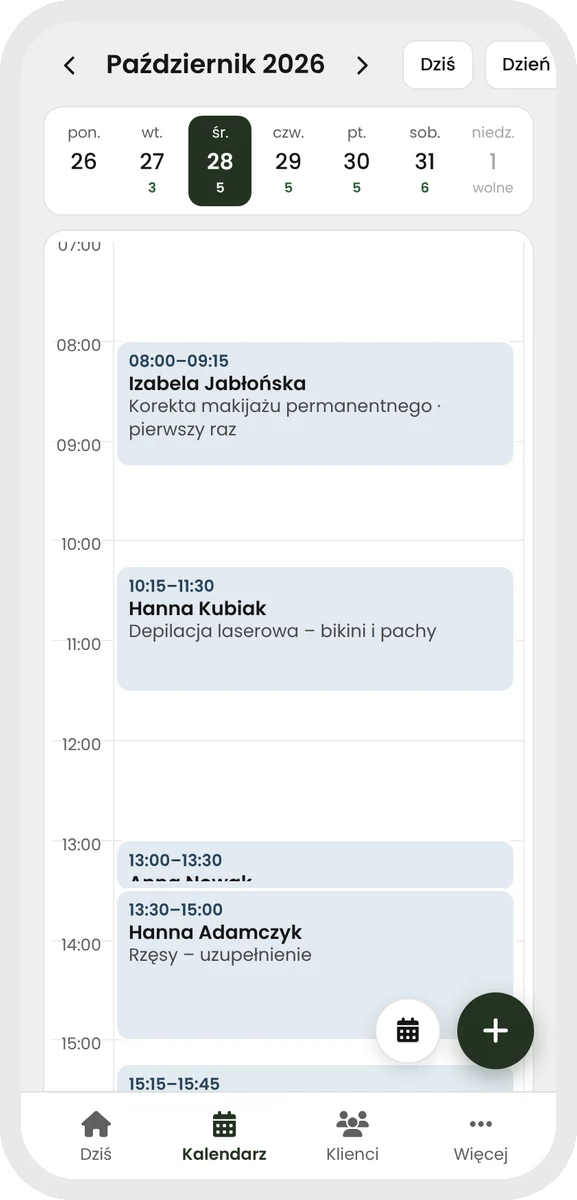 Plansy — day view with visits in each staff member’s colour