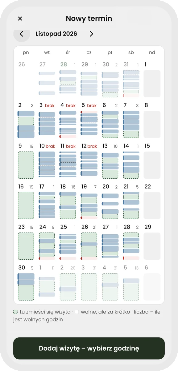 Plansy — month view showing the days the visit fits into