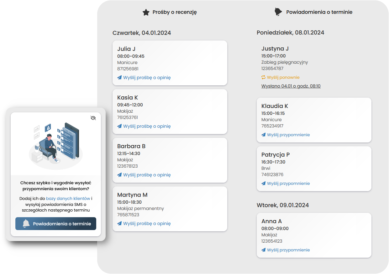 Plansy — review requests and appointment reminders