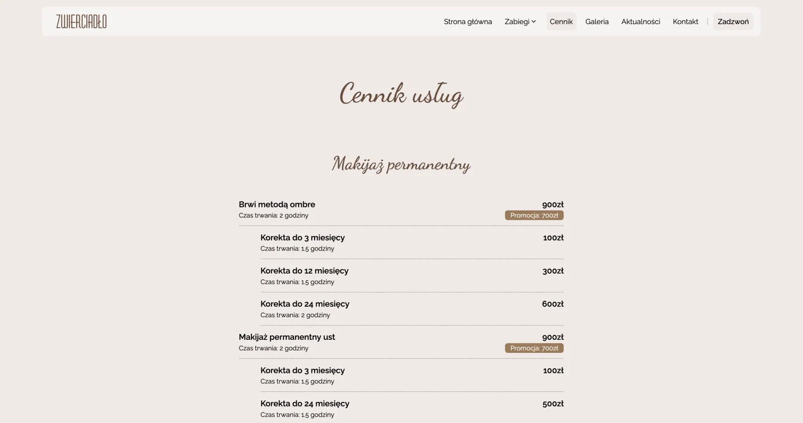 Zwierciadło Urody — service price list
