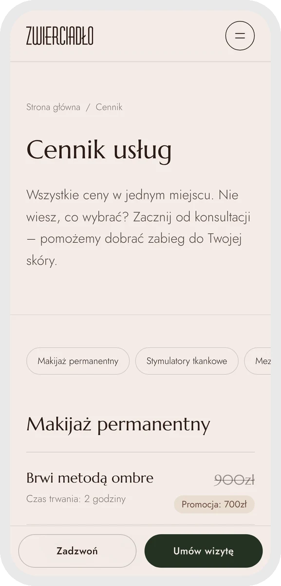 Zwierciadło Urody on a phone — price list with promotions