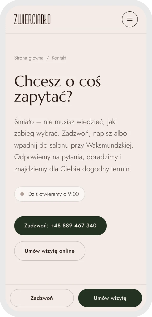 Zwierciadło Urody on a phone — contact page showing when the salon is open