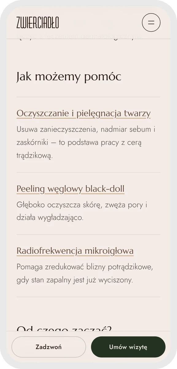 Zwierciadło Urody on a phone — acne guide listing the treatments that help
