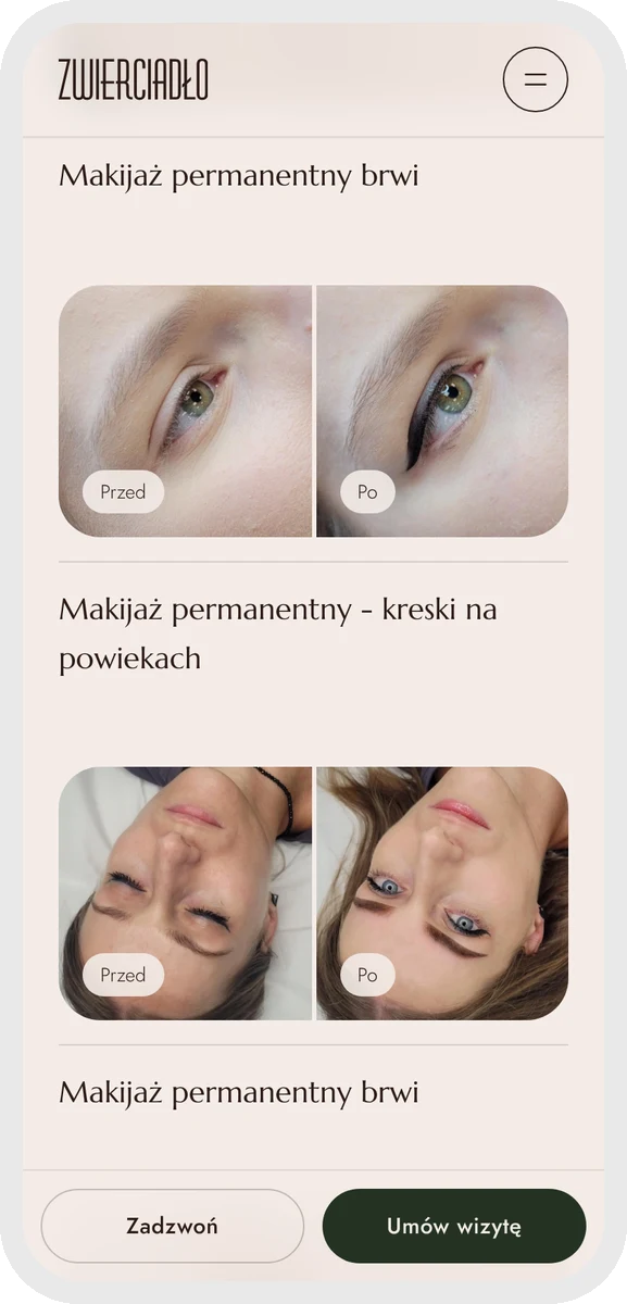 Zwierciadło Urody on a phone — before-and-after photos on a treatment page